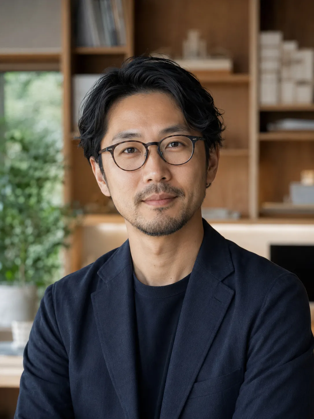 資料棚のある事務所での施工部長・中原剛のポートレート