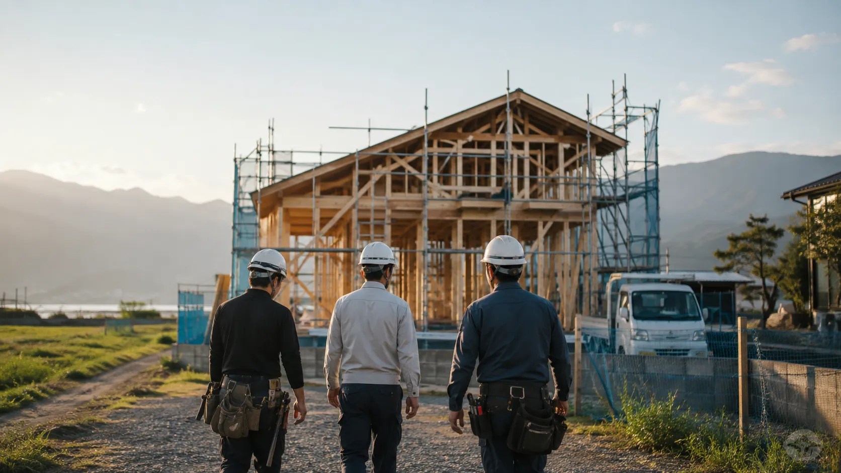 早朝の建設現場へ並んで歩く結景建築の作業員の後ろ姿