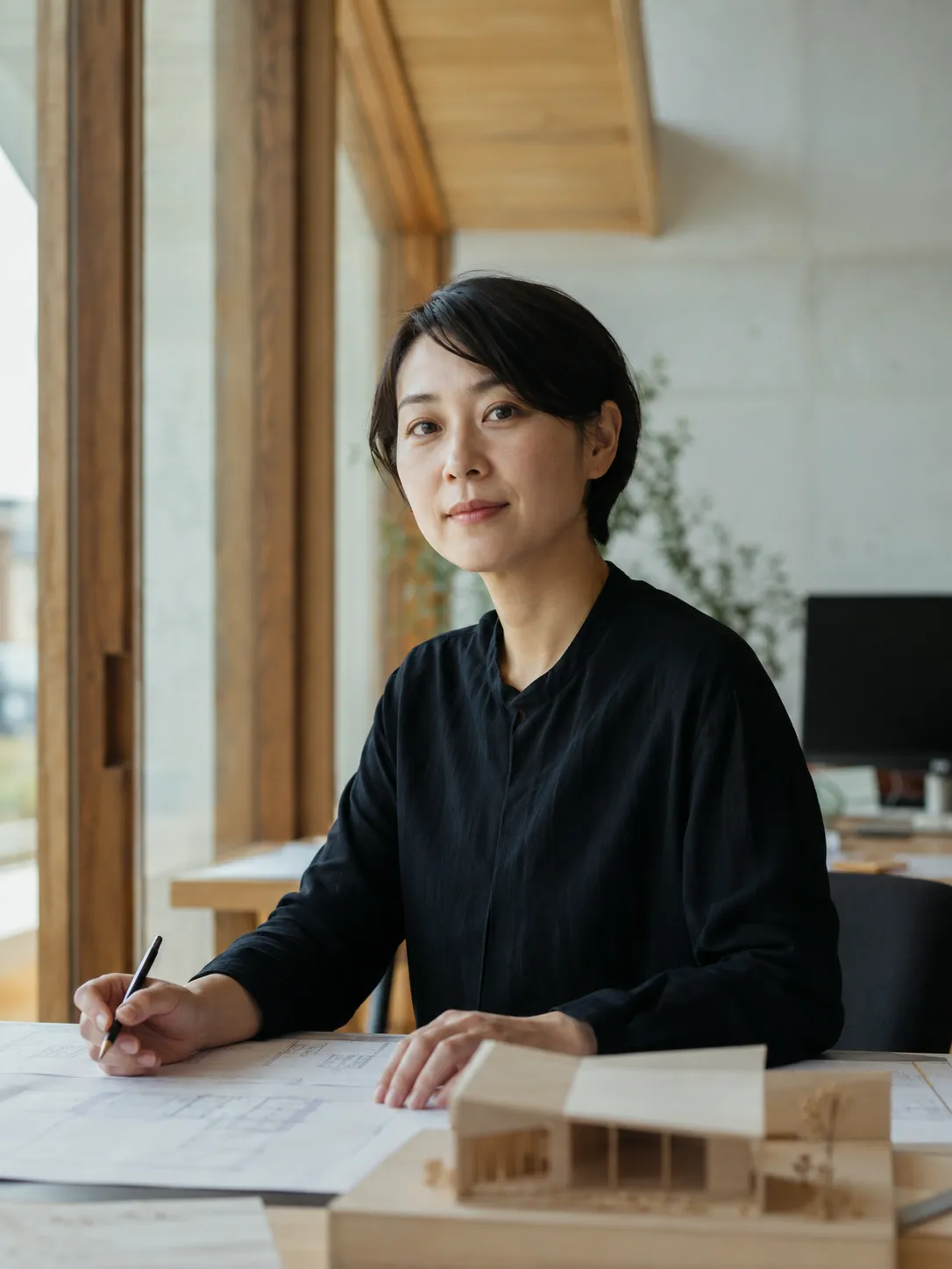 設計室で図面と模型を前に働く建築士・高見沙織