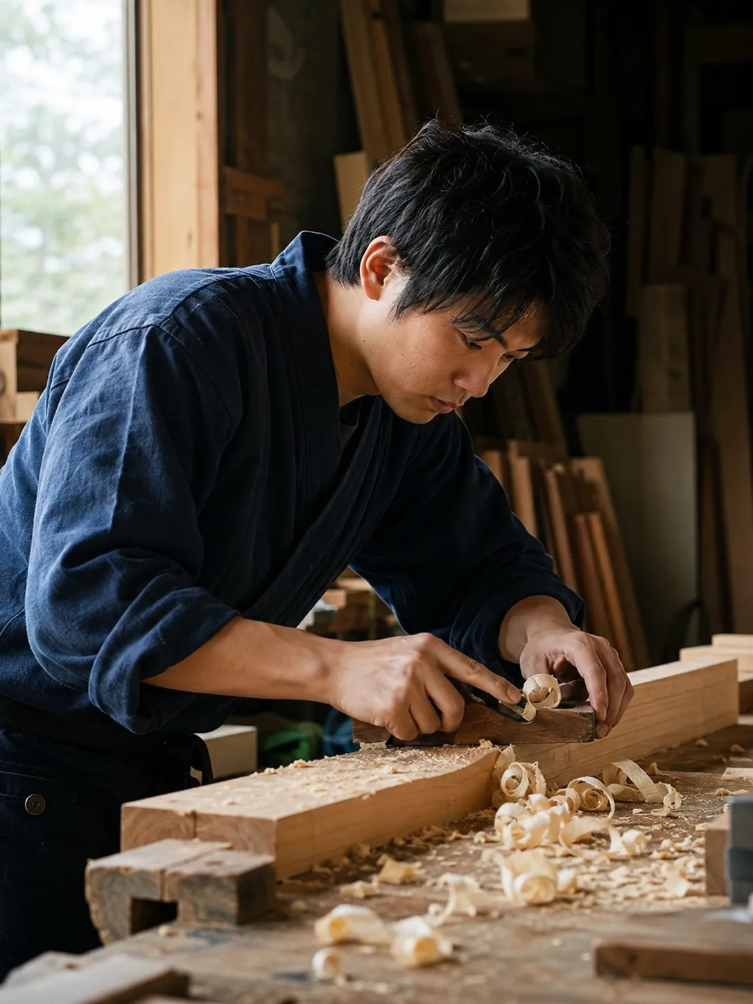 作業場で鉋をかける若手大工・早瀬悠人の横顔