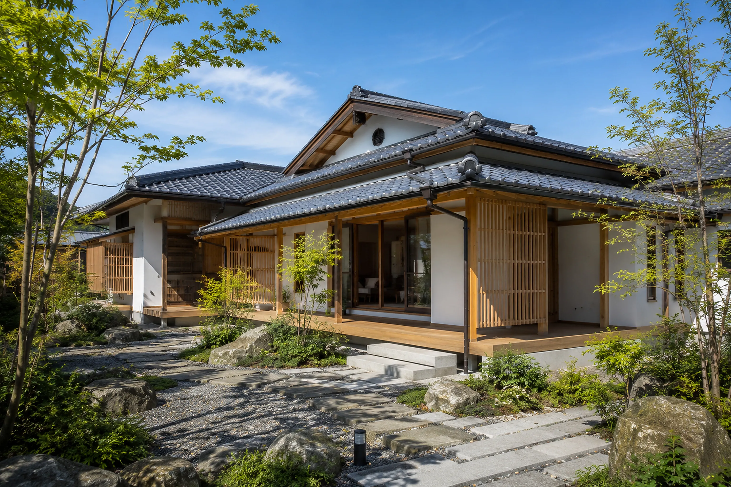 瓦屋根と板壁を残して改修した古民家の外観