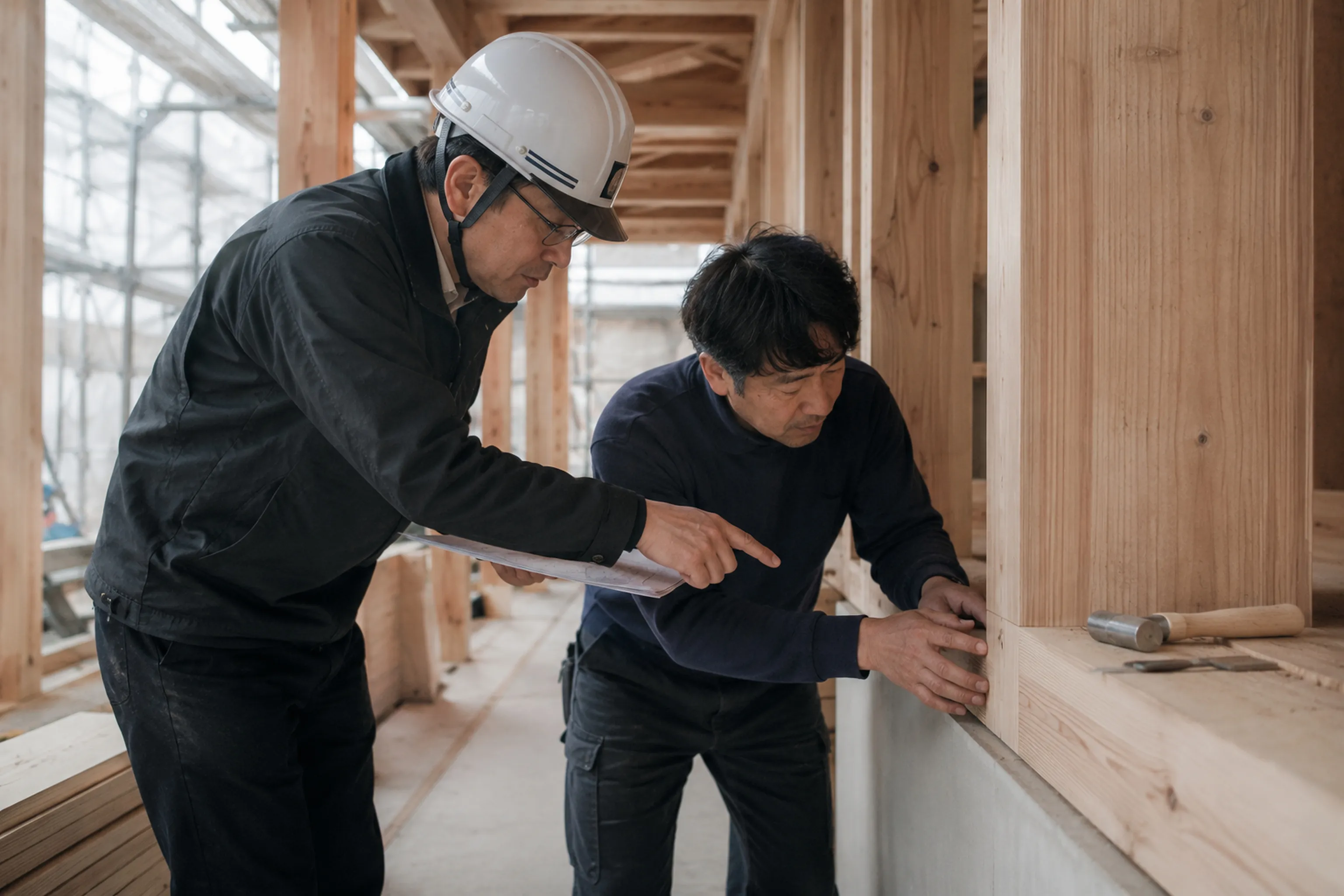 建築現場で細部を確認する作業の様子